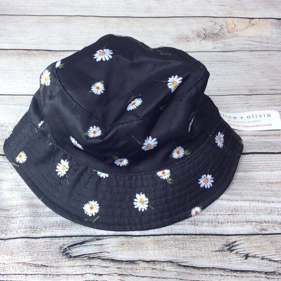 alice + olivia Reversible Bucket Hat Floral Daisy Daisies Black White Summer - Picture 3 of 6